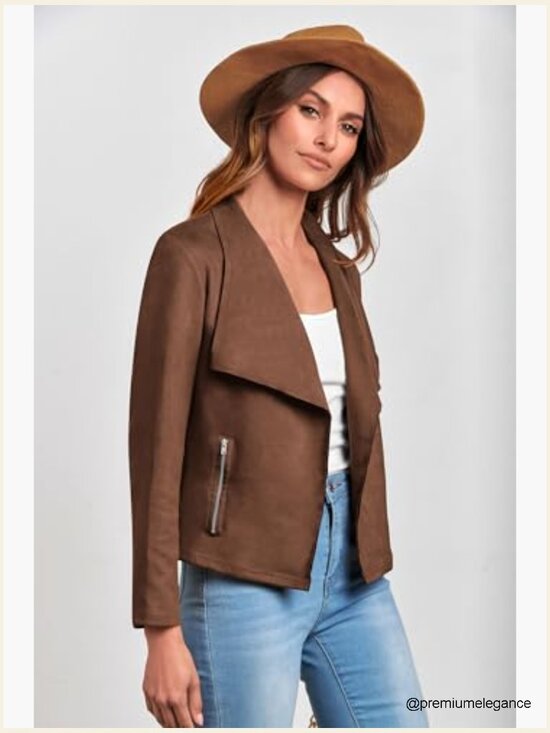 Faux Suede Cropped Jacket Long Sleeve Open Front Waterfall Collar Casual - Picture 3 of 7